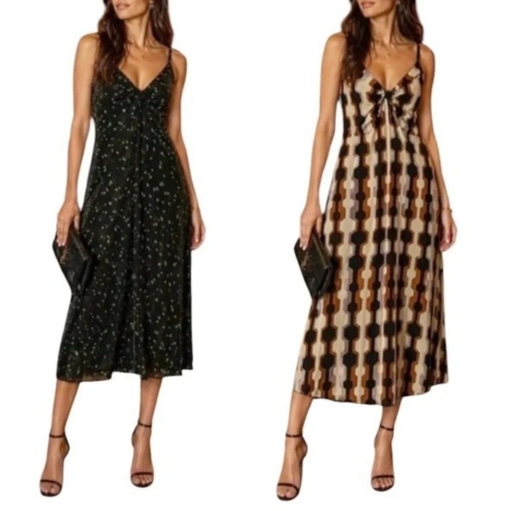 Cabi Reversible Trophy Midi Slip Dress Black Green Geometric Brown Tan Mesh S